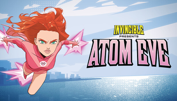 Key Art for Invinicble Presents: Atom Eve. Atom Eve flies over water, a skyline in the background, the game logo to her right.
