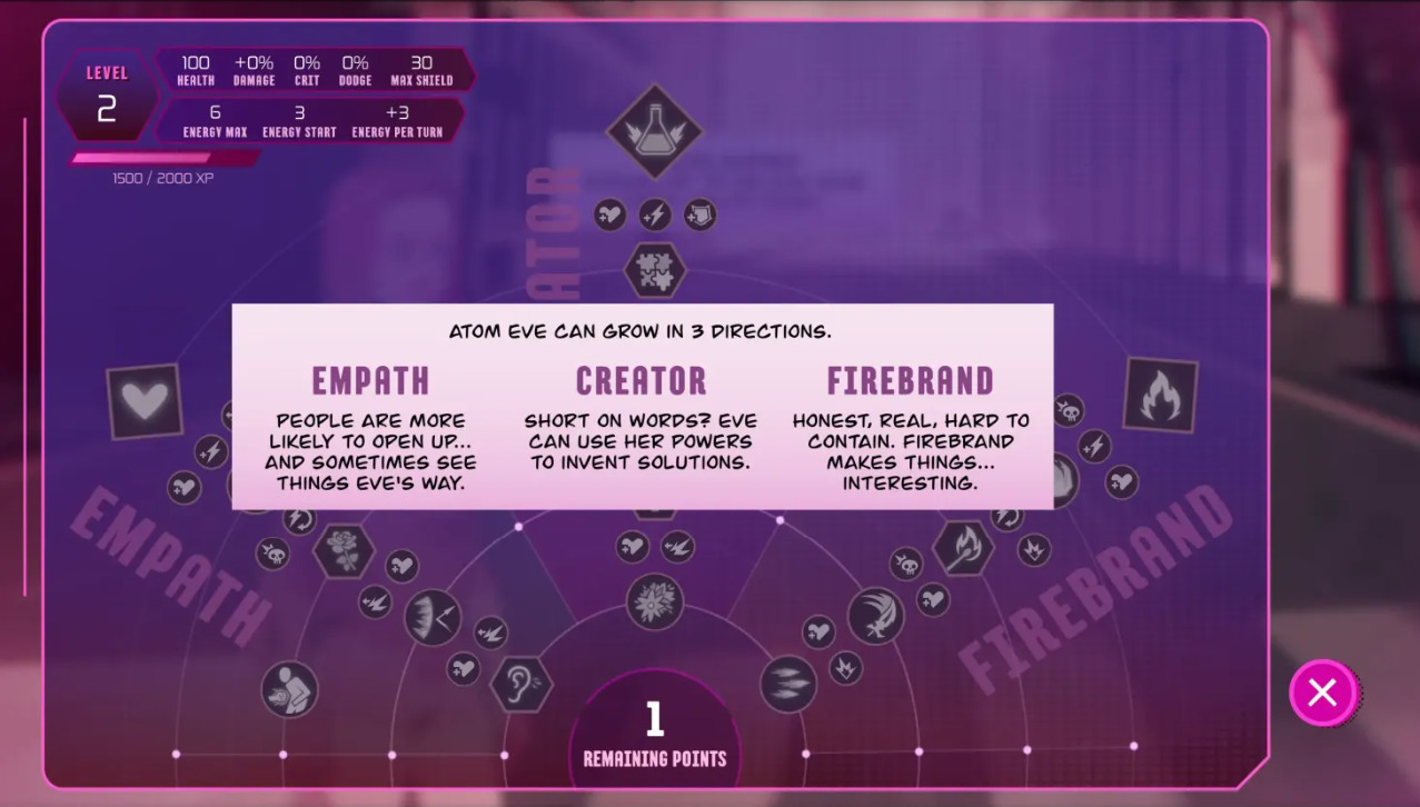 The RPG screen for Invincible Presents: Atom Eve, showing tutorial text, explaining the 3 directions in which Atom Eve can grow: Empath, which makes people more likely to open up to her, Creator, which makes her more likely to invent solutions to problems, and Firebrand, which makes things... interesting.