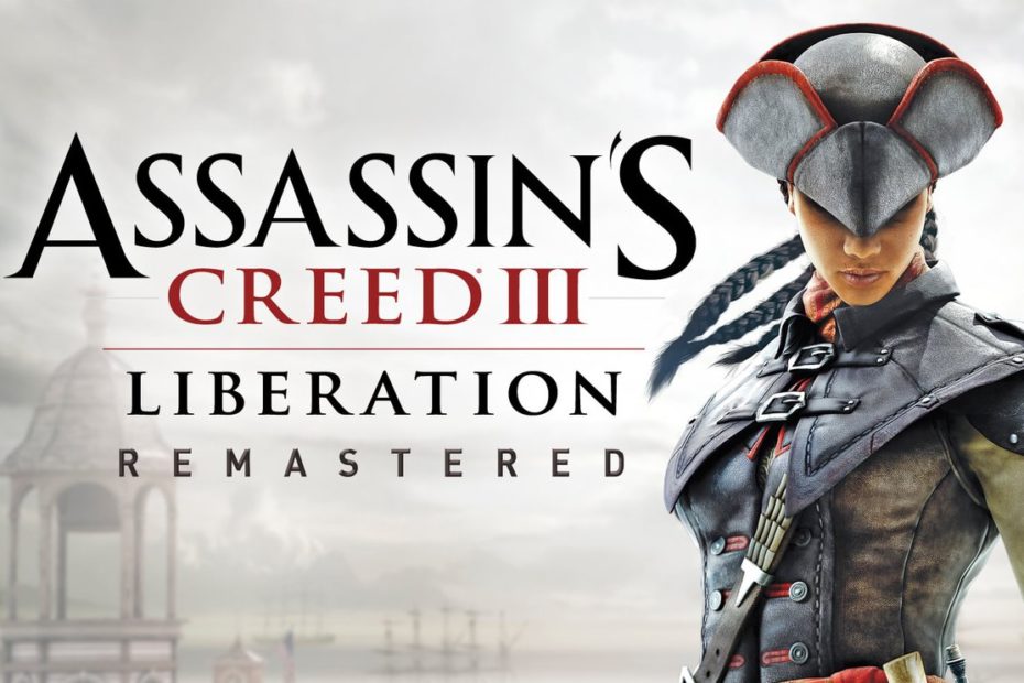 Assassin's Creed III: Liberation Remastered Hero Image shows protagonist aveline against a hazy backgdrop of 18th C New Orleans port skyline