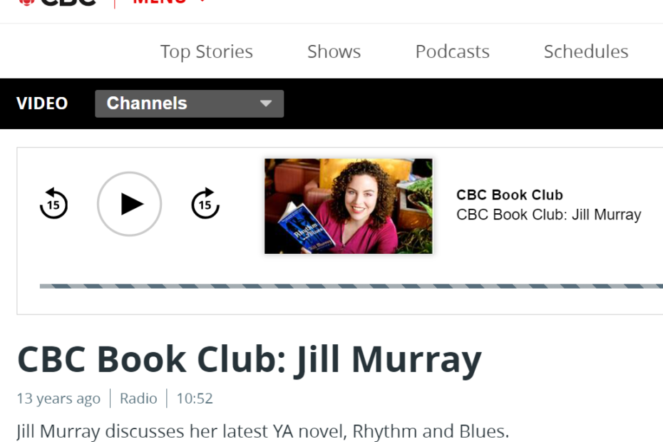 screenshot: cbc book club web page, features Jill Murray headshot and an audio player