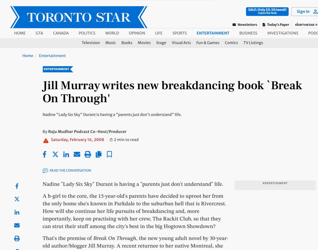 Screen cap of article on Toronto Star entitled "Jill Murray writes new breakdancing book 'Break on Through'"