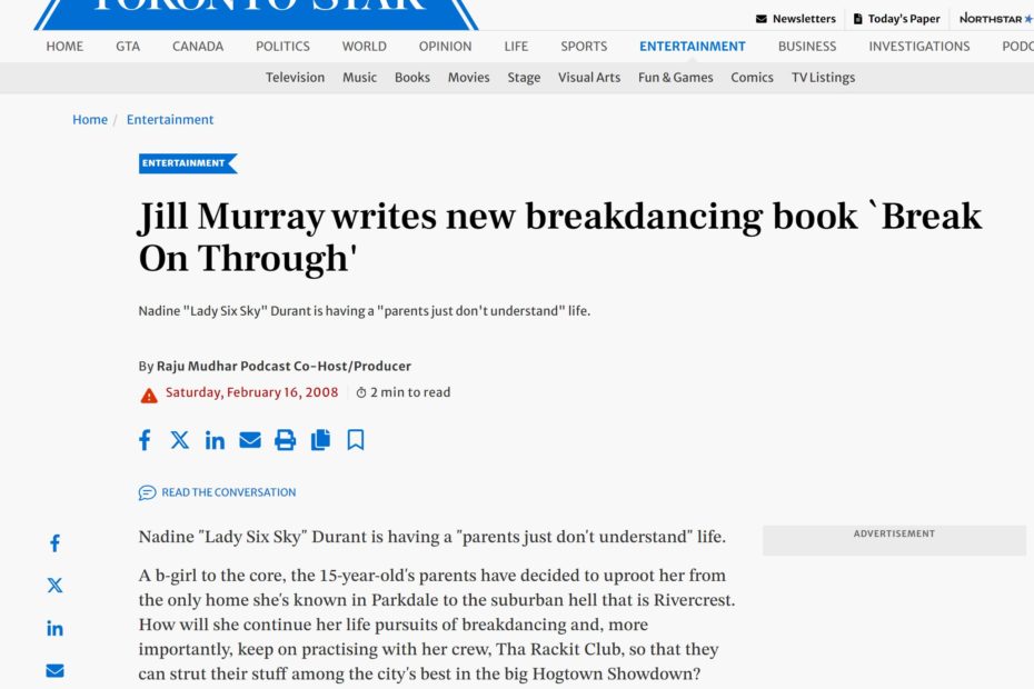 Screen cap of article on Toronto Star entitled "Jill Murray writes new breakdancing book 'Break on Through'"