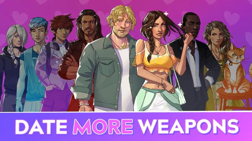 "Date More Weapons" hero image for Boyfriend Dungeon DLC, shows BFD characters lined up against a pink background