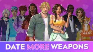 "Date More Weapons" hero image for Boyfriend Dungeon DLC, shows BFD characters lined up against a pink background