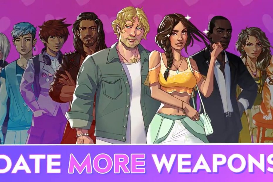 "Date More Weapons" hero image for Boyfriend Dungeon DLC, shows BFD characters lined up against a pink background