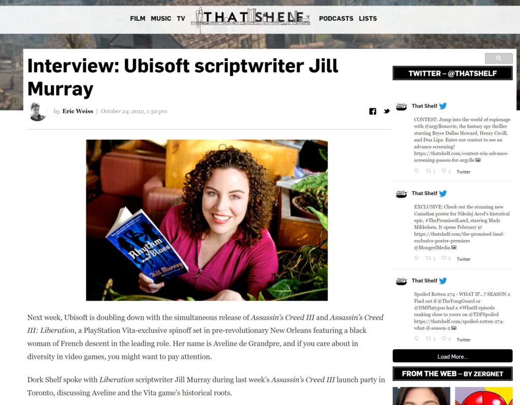 Screen shot of article on That Shelf includes title of article, photo of Jill Murray, a few paragraphs, and other elements of the web site.