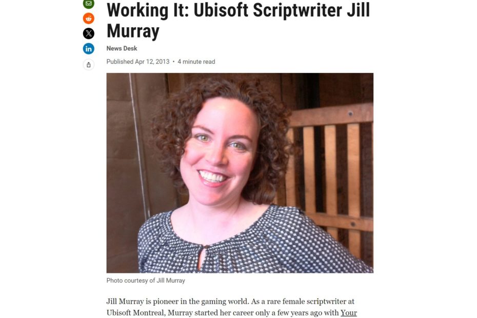 Screen shot of article on The Montreal Gazette that includes a cell phone photo of Jill Murray taken at Ubisoft Montreal