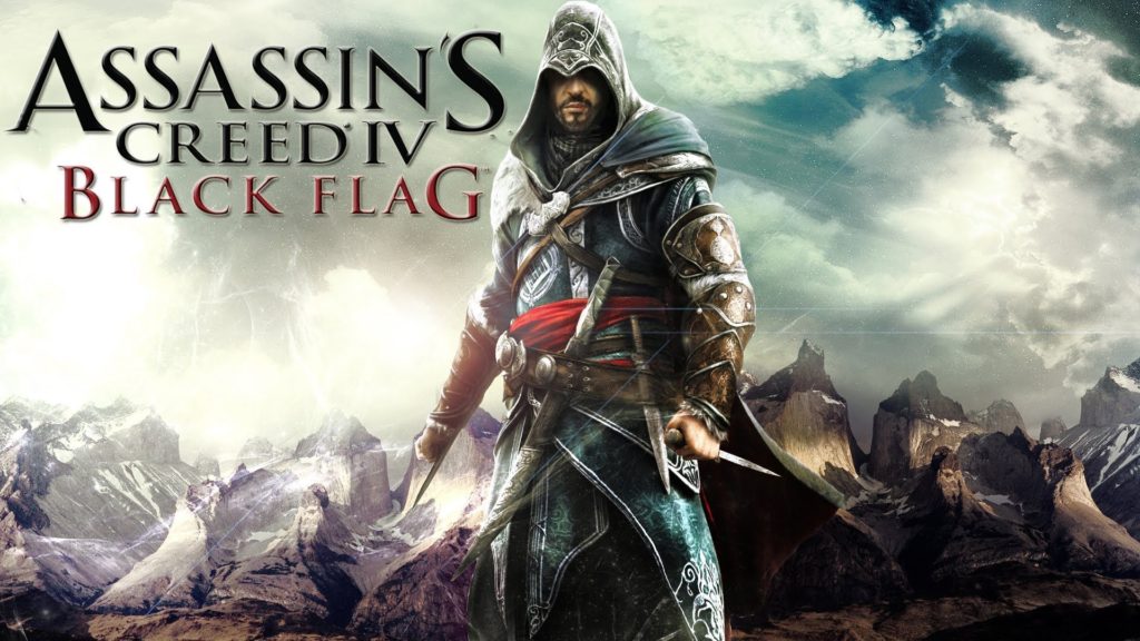 Assassin's Creed IV Black Flag hero image, depicts Edward glowering with blades, before a mountain range, for some reason