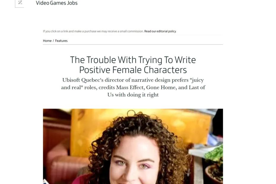 Screenshot of GI.biz article, "The Trouble with Trying to Write Female Characters"