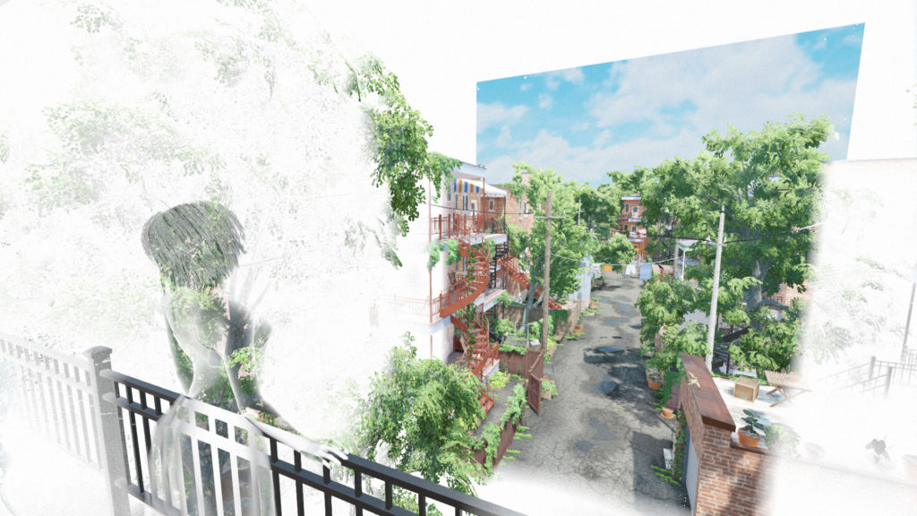 screenshot from été, shows a young woman on a white, blank page background, standing on a ghostly balcony looking into an increasinlgly painted-in Montreal alleyway full of trees and hanging laundry in the summer.