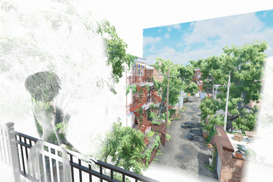 screenshot from été, shows a young woman on a white, blank page background, standing on a ghostly balcony looking into an increasinlgly painted-in Montreal alleyway full of trees and hanging laundry in the summer.