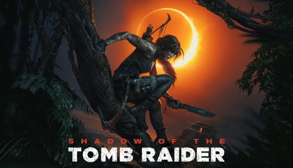 Shadow of the Tomb Raider hero image, shows the title of the game, and Lara Croft, in a tree, holding a big knife, silhouetted against an eclipse in the background