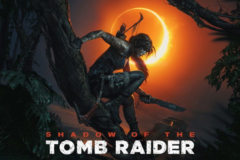 Shadow of the Tomb Raider hero image, shows the title of the game, and Lara Croft, in a tree, holding a big knife, silhouetted against an eclipse in the background
